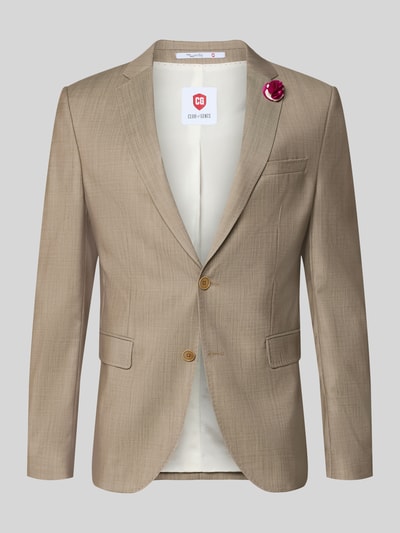 Produktfoto, Slim Fit 2-Knopf-Sakko aus Schurwoll-Elasthan-Mix von CG – CLUB of GENTS in Beige, Reverskragen, Pattentaschen, glatte Textur. Modell 'Patrick', Rückenlänge, Schulterbreite und Ärmellänge passend zu Größe 50.