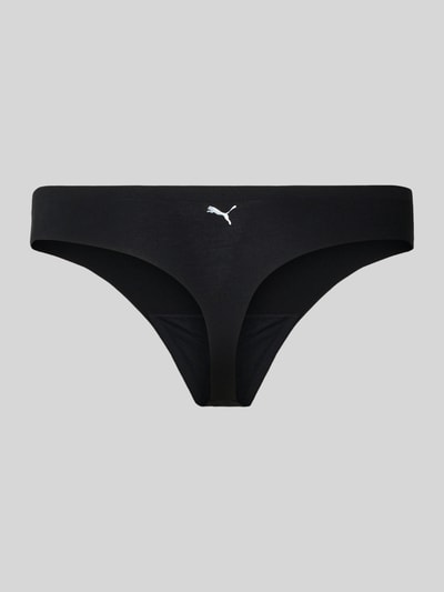 Produktfoto, String mit Logo von PUMA aus schwarzem Baumwoll-Elasthan-Mix, Körpernahe Passform, Elastischer Bund, weißes Logo vorn.