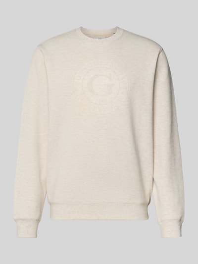 Produktfoto, Sweatshirt met Label-Print van Guess in beige, katoenmix, regular fit, geribde boorden, ronde hals, glad textuur.