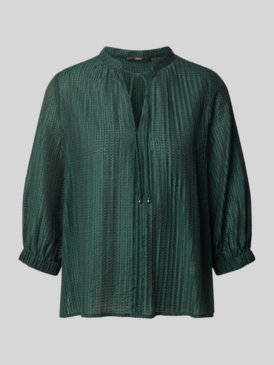 Produktfoto, Regular Fit Bluse aus Lyocell-Mix mit 3/4-Arm von Zero in Dunkelgrün mit feinen Längsstreifen, strukturierte Oberfläche. Damen Bluse, Lyocell-Mix, Schnürung, Rückenlänge 59 cm, Ärmellänge 43 cm.