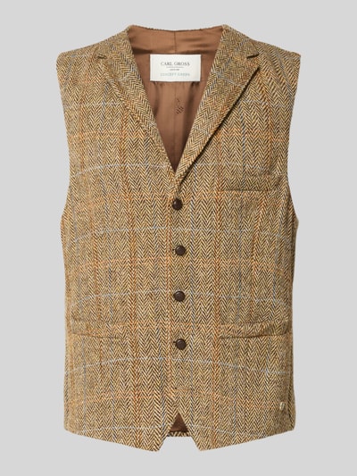 Produktfoto, Weste aus Schurwolle mit Brustleistentasche Modell 'Warner' von Carl Gross, braun gemustert, Knopfleiste, Reverskragen, Regular Fit, feine Fischgrätstruktur, reine Schurwolle, sichtbare Taschen, dezente Farbtöne, Rückenlänge 64 cm, Schulterbreite 39 cm, Brustweite 52 cm.