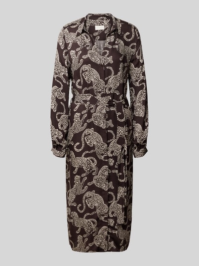 Produktfoto, Hemdblusenkleid aus Viskose mit Bindegürtel von Milano Italy, prosty krój, wzór na całej powierzchni, kołnierzyk koszulowy, dekolt w serek, długość tyłu w rozmiarze 36: 119 cm, szerokość w rozmiarze 36: 53 cm, długość rękawów w rozmiarze 36: 68 cm, sukienka midi damska