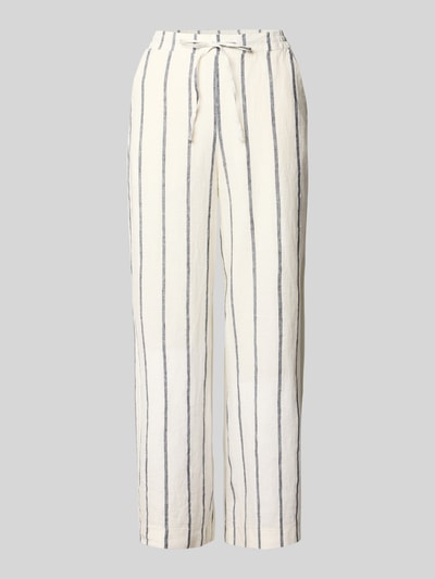 Produktfoto, Straight Fit Leinenhose aus Reinen Leinen Modell 'Callie' von MAC in Weiß mit grauen Streifen, Schlupfhosen-Design, elastischer Bund mit Tunnelzug, verkürzte Passform, Bundweite 39 cm, Innenbeinlänge 70 cm bei Größe 36