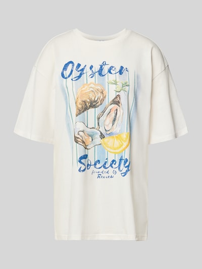 Produktfoto, T-Shirt mit Motiv-Print von REVIEW in Weiß mit blauem und gelbem Print, Baumwoll-Mix, Gerader-Schnitt, Rundhalsausschnitt.