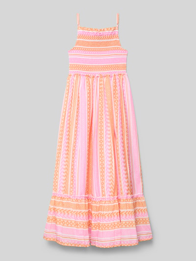 Produktfoto, Kleid im Stufen-Look von DANAMADE für kinder in A-Linie, Allover-Look, mit verstellbaren Spaghettiträgern, Rückenlänge 94 cm bei Größe 140, Muster in Rosa und Orange, strukturierte Stofftextur.
