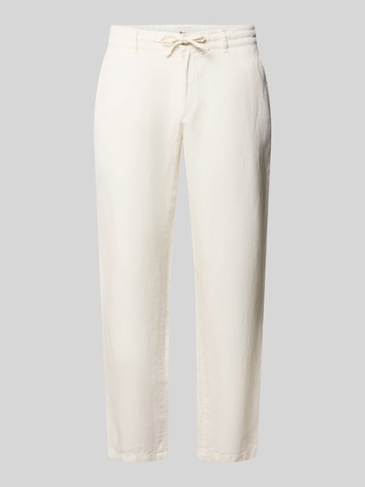 Productfoto, Slim Fit Leinenhose aus reinem Leinen Modell 'Fabio' van Brax, uni, met labels, riemlussen, knoopsluiting, steek- en achterzakken, tunnelkoord, naturel kleur, gladde linnenstructuur.