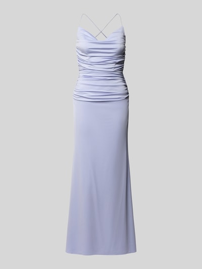 Produktfoto, Abendkleid mit Raffungen von Laona in hellem Fliederton, taillierte Passform, Rückenausschnitt, Rückenlänge 134 cm, glatte Textur