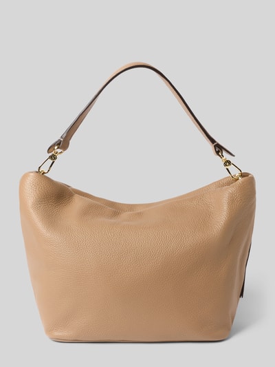 Produktfoto, Handtasche aus Leder mit Label-Detail Modell 'EBONY BIG' von Abro in Beige, strukturierte Oberfläche, goldfarbene Karabiner, Damen Handtasche, Hauptfach mit Reißverschluss, verstellbarer Schultergurt, Innenfach, dezente Form, 42x25x16 cm, Länge Schulterriemen 114 cm