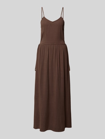 Produktfoto, A-Linien Freizeitkleid aus Viskose-Leinen-Mix Modell 'SIESTA' von Only in Braun, unifarben, Maxi-Länge, verstellbare Spaghettiträger, V-Ausschnitt, Volant-Saum, Binde-Detail, strukturierte Oberfläche
