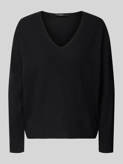 Produktfoto, schwarzer Strickpullover aus Viskose-Mix Modell 'FREYJA' von Oui, gerade Passform, V-Ausschnitt, feine Textur