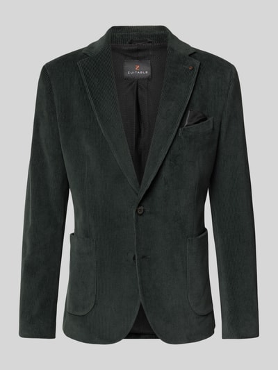 Produktfoto, Slim Fit Sakko aus Baumwoll-Mix in Cord-Optik Modell 'Nick' von Zuitable, dunkelgrün, klassischer Reverskragen, strukturierte Oberfläche, 2-Knopfleiste, Brust- und aufgesetzte Taschen, Herren Sakko elastisch