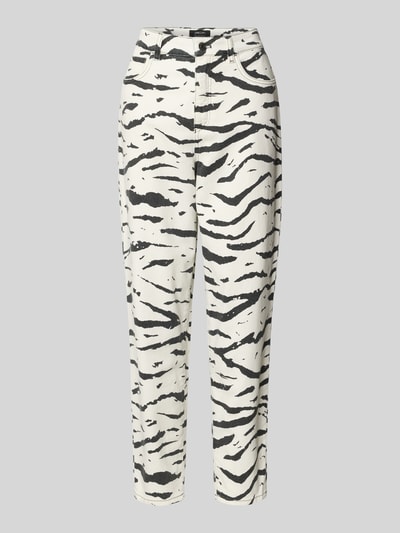 Produktfoto, Jeans mit 5-Pocket-Design von Marc Cain im Zebra-Muster, Baumwoll-Elasthan-Mix, gerader Schnitt, cremefarben mit schwarzem Print.