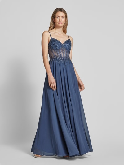 Luxuar Abendkleid mit floralen Stickereien Rauchblau 1