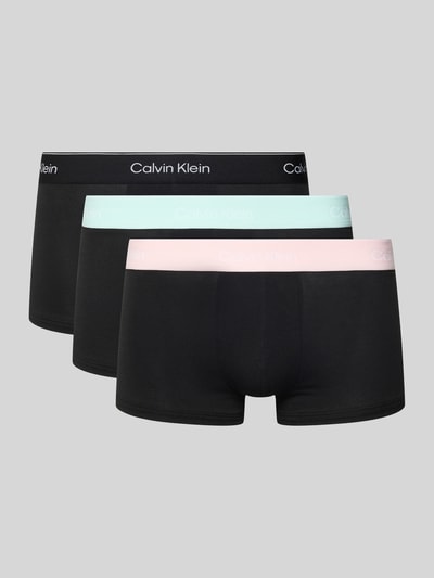 Produktfoto, Trunks mit elastischem Bund im 3er-Pack von Calvin Klein Underwear, Schwarz mit verschiedenfarbigen Bündchen, Baumwoll-Elasthan-Mix, körpernahe Passform