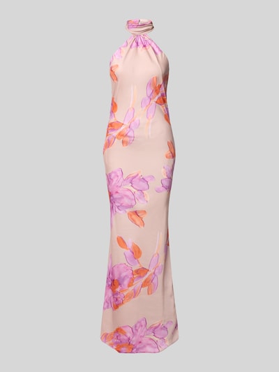 Produktfoto, Abendkleid mit tiefem Rückenausschnitt von Swing aus glänzendem Satin in Beige mit rosa und orangefarbenem Blumenmuster, körpernaher Maxischnitt, Neckholder mit Knopfverschluss, strukturierte glatte Oberfläche