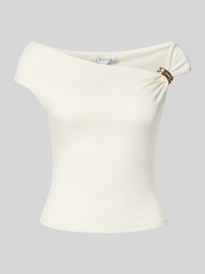 Produktfoto, Top im Off-Shoulder-Look Modell 'SUNI' von GUESS aus Lyocell-Elasthan-Mix, Slim-Fit, cremefarben, glatte Textur, Rückenlänge 38 cm in Größe S