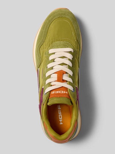 Produktfoto, Sneaker aus Leder-Mix mit Logo-Detail Modell 'City' von HOFF in Grün, Orange und Lila, abgerundete Passform, profilierte Sohle, Damen Sneaker, Absatzhöhe 2 cm, Schafthöhe 9 cm, Schaftweite 8 cm, Oberflächenstruktur mit sichtbaren Nähten