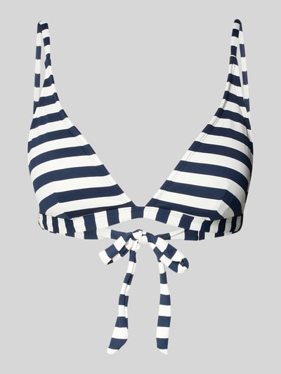 Produktfoto, Bikini-Oberteil mit rückseitiger Schnürung Modell 'YADBOR' von Barts im Marine-Weiß Streifenmuster, Material-Mix mit Stretch-Anteil, Fixed Triangel Fit, V-Ausschnitt, verstellbare Spaghettiträger, Schnürverschluss.