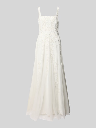 Produktfoto, Maxikleid mit Perlen und Pailletten von Adrianna Papell aus Mesh in A-Linie, cremefarben, Struktur mit Pailletten und Perlen, Rückenlänge 130 cm, Brustweite 34 cm bei Größe 36.