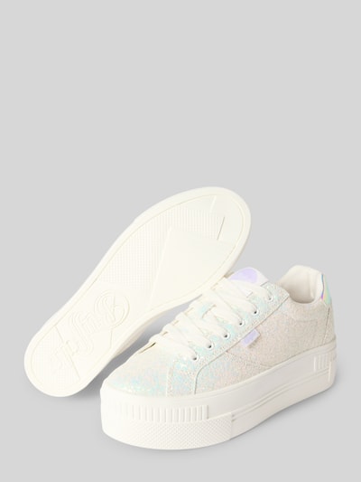 Produktfoto, Schimmernde Sneaker mit Label-Detail Modell 'PAIRED GLAM' von Buffalo, Schimmernd, Abgerundete-Spitze, weiße Schnürung, 5 cm Absatzhöhe, 7 cm Schafthöhe, 9 cm Schaftweite, Glanz-Look, strukturierte Sohle