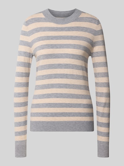 Produktfoto, Strickpullover mit Rundhalsausschnitt von Christian Berg Woman im Viskose-Mix mit tailliertem Schnitt und gerippten Abschlüssen, horizontale Streifen in Grau-Beige, Pullover ohne sichtbare Person.
