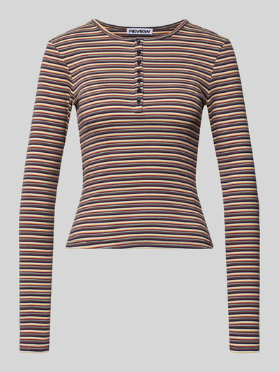 Produktfoto, Slim Fit Longsleeve mit Knopfleiste von Review, gestreifter Baumwoll-Mix in Beige, Blau und Orange, Rundhalsausschnitt, elastische Textur