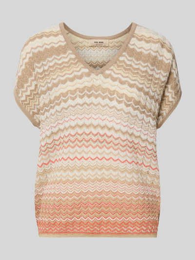 Produktfoto, Strickshirt mit V-Ausschnitt und Kappärmeln Modell 'Shani' von MOS MOSH aus Baumwoll-Mix im Loose-Fit, sanfte Beige- und Orangetöne, feines Zickzackmuster, Rückenlänge bei Größe S 60 cm