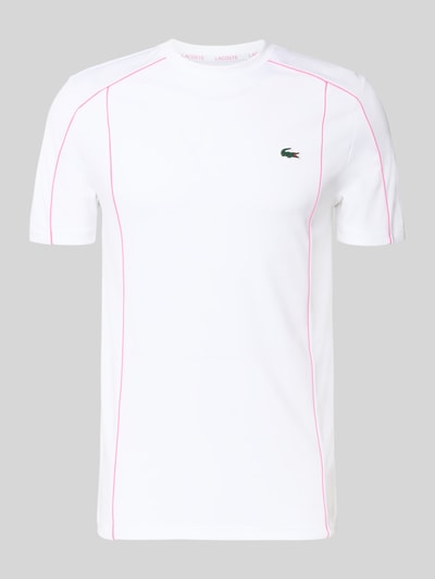 Produktfoto, weißes unifarbenes Regular Fit T-Shirt mit UV-Schutz 50+ von Lacoste Sport, kurze Ärmel, Piqué-Textur, Logo-Patch, Rundhals, Kontraststreifen
