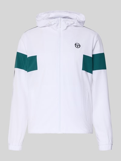 Produktfoto, Regular Fit Jacke mit Logo-Stitching Modell 'Caspio' von SERGIO TACCHINI in Weiß mit grünen Akzenten, Kapuze mit Tunnelzug, Reißverschluss, Eingrifftaschen, Elastischer-Material-Mix.