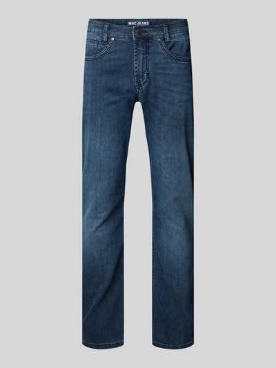 Produktfoto, Straight Fit Jeans aus Baumwoll-Mix von MAC, dunkelblau, 5-Pocket-Design, Kontrastnähte, Label-Patch, glatte Textur