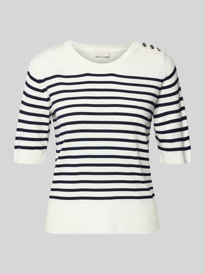 Produktfoto, Strickshirt aus Viskose-Elasthan-Mix mit Knopfleiste von Milano Italy, weiß mit dunkelblauen Streifen, Regular Fit, Rundhalsausschnitt, strukturierte Oberfläche