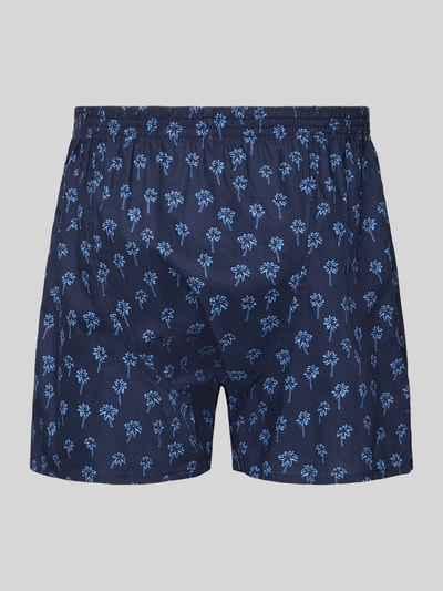 Produktfoto, dunkelblaue Boxershorts aus reiner Baumwolle Modell 'Palme' von Deal mit Palmenmuster, elastischem Bund und Label-Detail.