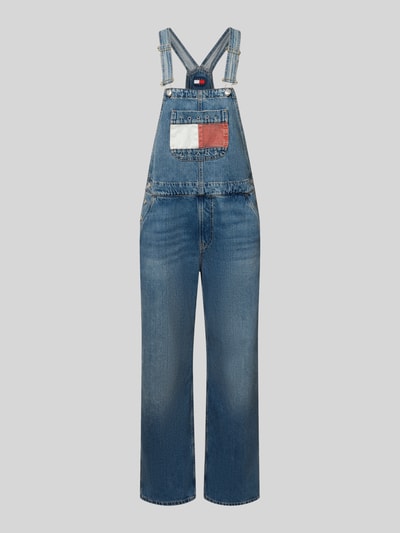 Produktfoto, Relaxed Fit Latzhose aus reiner Baumwolle von Tommy Jeans in Blau mit großen Taschen und farbigem Label, Damen Latzhose von Tommy Jeans