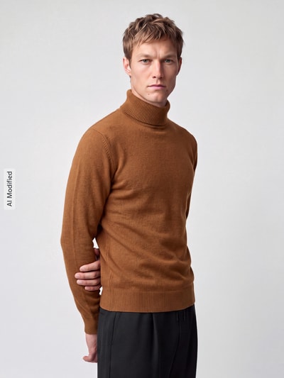 Mannenmodel draagt Pullover met Rollkragen van Selected in effen bruin, pure wol, geribde boorden, langemouw, vooraanzicht, KI-modificeerd beeld