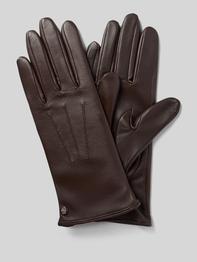 Produktfoto, Handschuhe aus echtem Leder von Roeckl in Dunkelbraun, Ziernähte, Label-Detail metallic, Fleecefutter, Smartphone tauglich