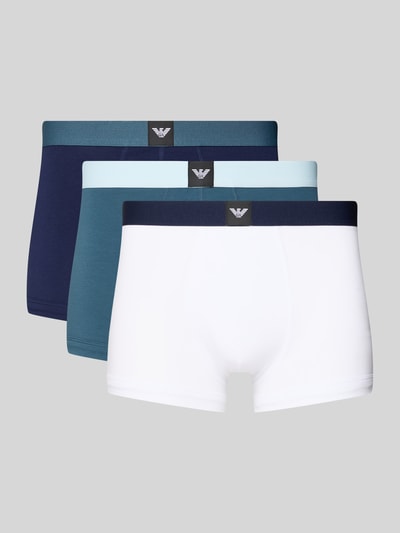 Produktfoto, Trunks mit elastischem Logo-Bund im 3er-Pack von Armani, Baumwoll-Elasthan-Mix, körpernaher Schnitt, drei Farben, glatte Textur