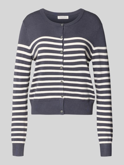 Produktfoto, Strickjacke aus Viskose-Mix mit Streifenmuster von Christian Berg Woman, dunkelblau-weiß, Rundhalsausschnitt, Knopfleiste, Regular Fit