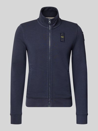 Produktfoto, Sweatjacke mit Stehkragen Modell 'City New' von Blauer Usa in Dunkelblau, Slim Fit, Baumwoll-Mix, Sicht auf Reißverschluss und Label-Detail