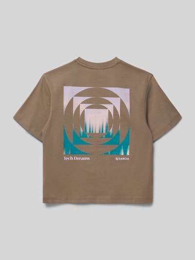 Produktfoto, Relaxed Fit T-Shirt mit Logo-Print von Garcia in Braun, grafischer Motiv-Print, reine Baumwolle, Rundhalsausschnitt, Rückenlänge 56 cm.