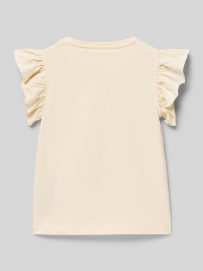 Produktfoto, Regular Fit T-Shirt mit Rüschenbesatz von Blue Seven, Kinder T-Shirt aus Reine Baumwolle, Brusttasche, Rückenlänge 38 cm bei Größe 116, beige Farbe, glatte Struktur, weiche Textur