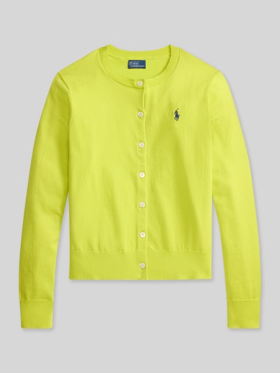 Produktfoto, gelbe Regular Fit Strickjacke mit Logo-Stitching von Polo Ralph Lauren, elastischer Baumwoll-Mix, Knopfleiste, Rundhalsausschnitt