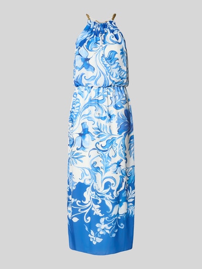 Produktfoto, Cocktailkleid im Allover-Look mit Seitenschlitz von Adrianna Papell, blau-weiß gemustertes Midikleid, taillierter Schnitt, Neckholder, weich fließende Textur, Rückenlänge 110 cm bei Größe 36, Brustweite 47 cm bei Größe 36