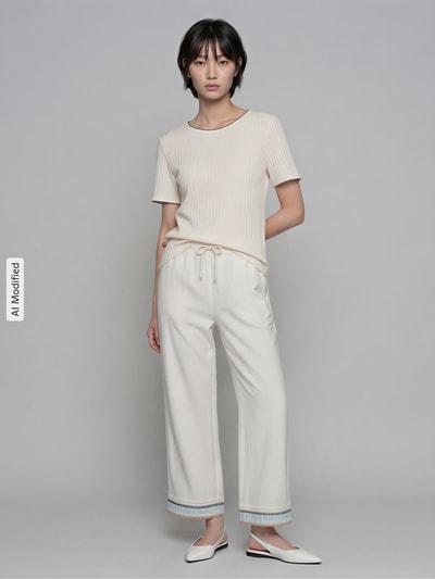 Frauenmodel trägt Strickshirt mit Rundhalsausschnitt von Jake*s Collection in Creme, gerade geschnitten, semitransparent, reine Baumwolle, Ganzkörperansicht von vorne.