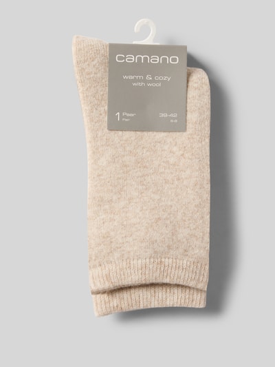 Produktfoto, Regular Fit Socken aus Woll-Mix mit Viskose-Anteil Modell 'Cosy' von camano, beige meliert, elastischer Woll-Mix, Logo-Stitching