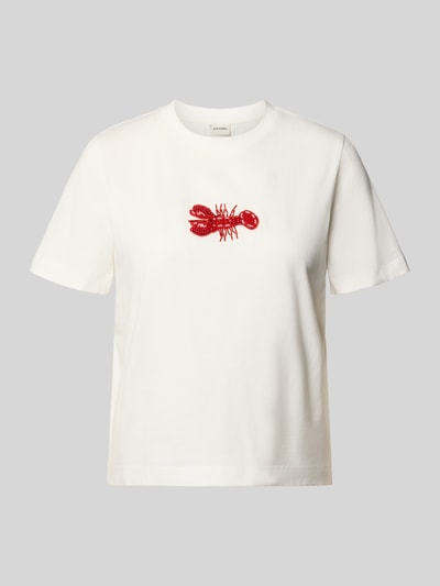 Produktfoto, T-Shirt mit Perlen und Rundhalsausschnitt von Stefanel, Damen T-Shirt aus Reine Baumwolle, Regular-Fit, Rückenlänge 52 cm, weiße Oberfläche, rote Perlen, Größe S
