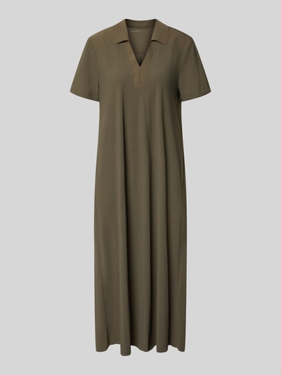 Produktfoto, Midikleid mit Strukturmuster und Umlegekragen Modell 'JOSEPHINA' von Raffaello Rossi im Loose-Fit, Material-Mix mit Stretch-Anteil, khaki, V-Ausschnitt, kurze Ärmel, Rückenlänge 122 cm, Brustweite 50 cm, Ärmellänge 23 cm, fließende Textur