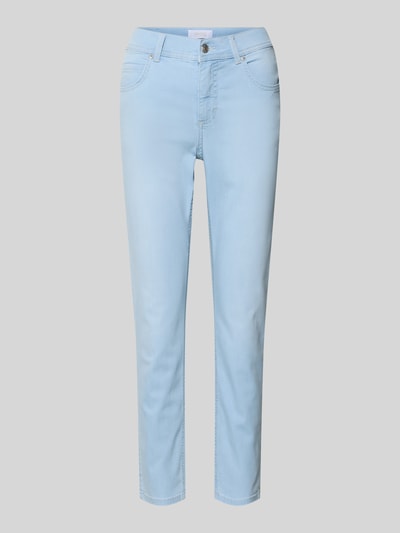 Produktfoto, hellblaue Damen Hose von Angels, Baumwoll-Mix mit Stretch-Anteil, verkürzte Passform, Modell 'Ornella', Eingrifftaschen, Bundweite 40 cm bei Größe 36