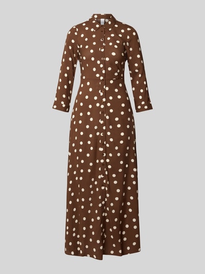 Produktfoto, braunes Hemdblusenkleid aus Leinen Modell 'SAVANNA' von YAS mit weißen Punkten, A-Linie, Knopfleiste, Maxilänge, 3/4-Arm