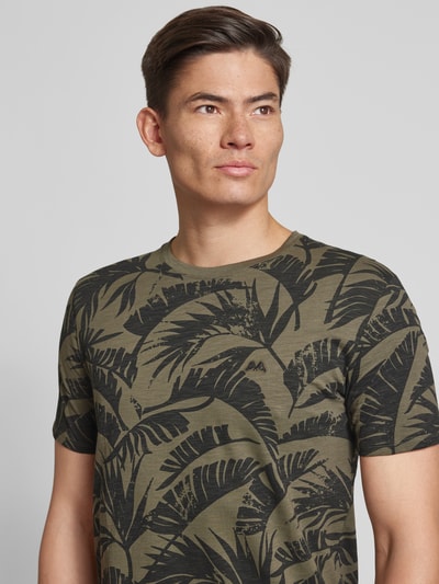 Lindbergh T-shirt met all-over motief, model 'Slub' Olijfgroen - 3