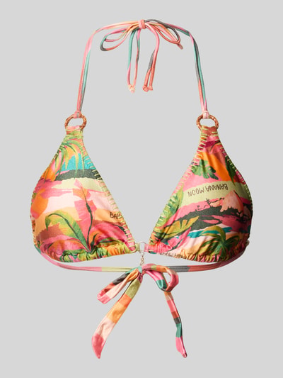 Frauenmodel trägt Bikini-Oberteil im Allover-Look Modell 'KAMUNIBA YERO' von Banana Moon, farbenfroh, Material-Mix mit Stretch-Anteil, körpernahe Passform, Schnürung. Nahaufnahme Oberkörper.